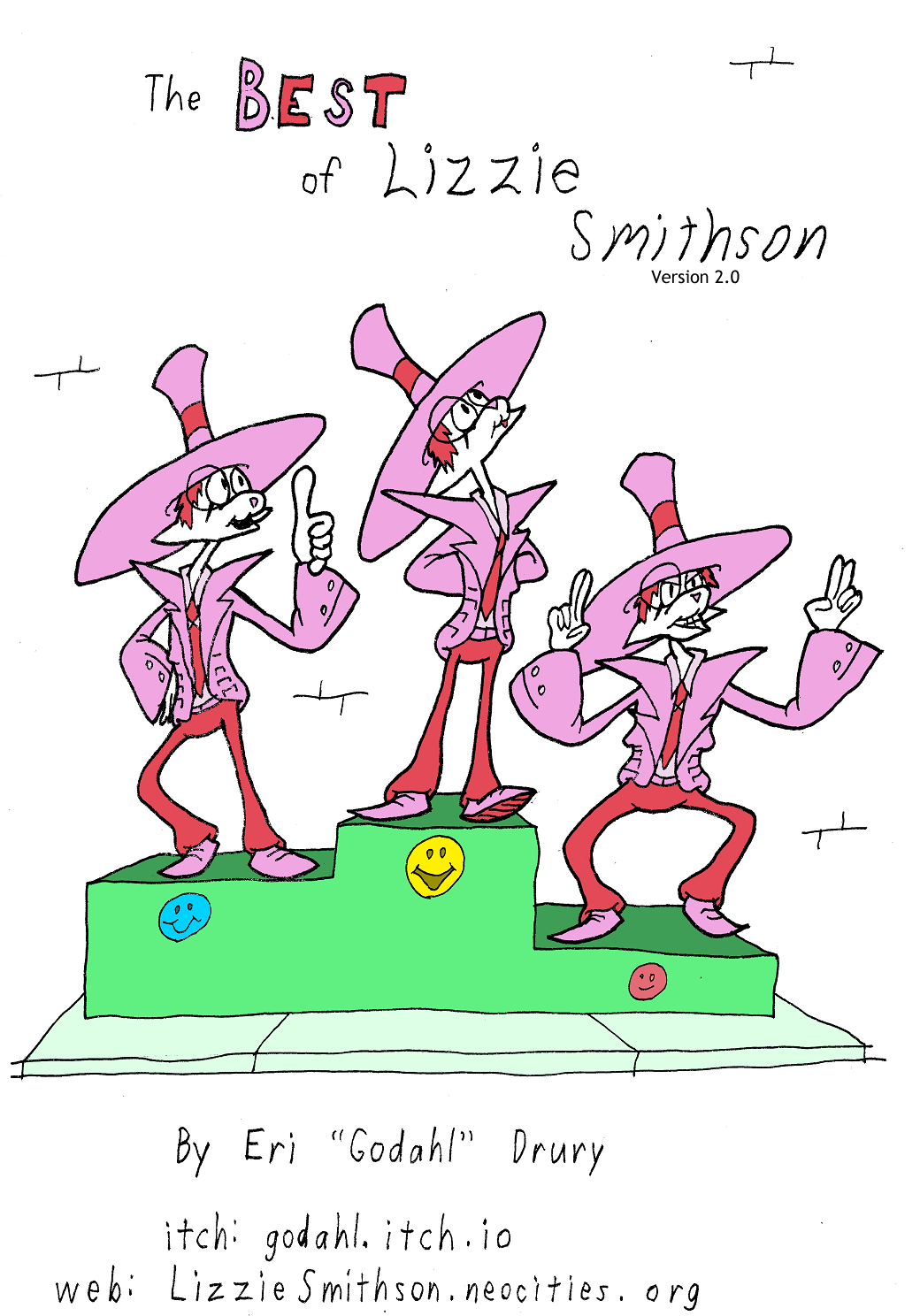 Three clones of Lizzie Smithson are standing on an olympic medal stand on the sidewalk, cheering themselves on for having won first, second, and third place. The text reads: The Best Of Lizzie Smithson, By Eri Godahl Drury